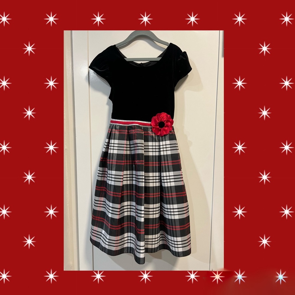 Jona Michelle velvet bodice w/black/white/red pleated plaid dress girls size 8